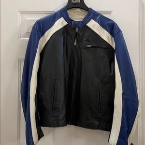 Black and blue leather jacket